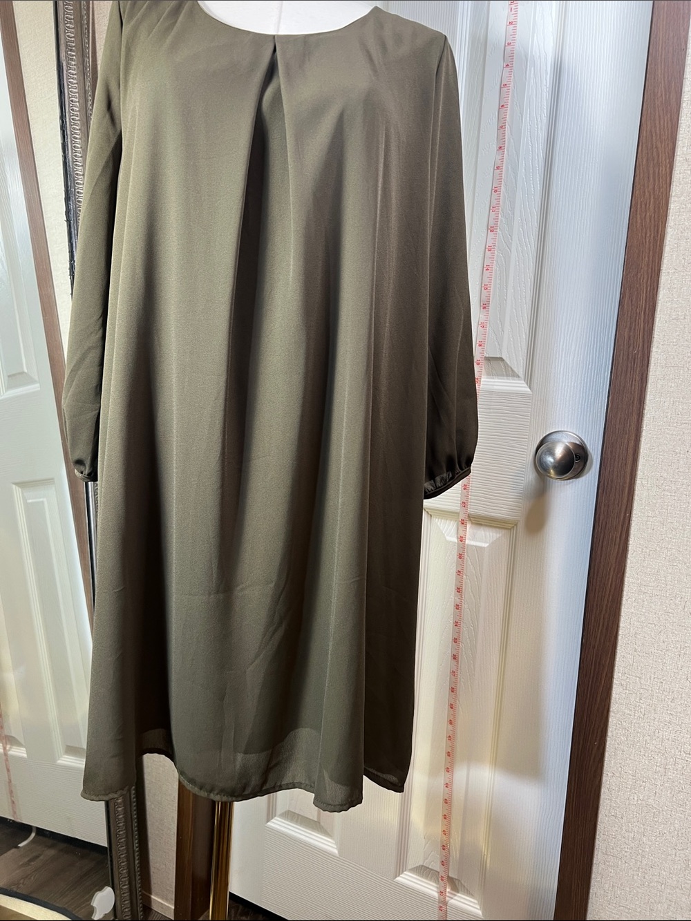 Women's Olive Long-Sleeve Pleated Front Shift Dress